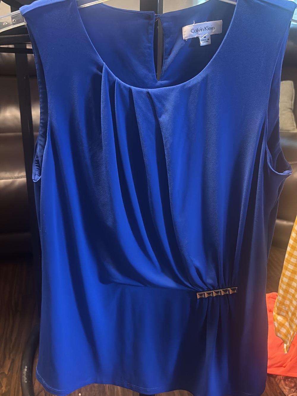Calvin Klein Royal Blue Sleeveless Pleated Shell with Stud Accent